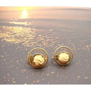 Floral Rose Flower Earrings Clip On Fashion Delicate Double Circle Gold Tone Vtg
